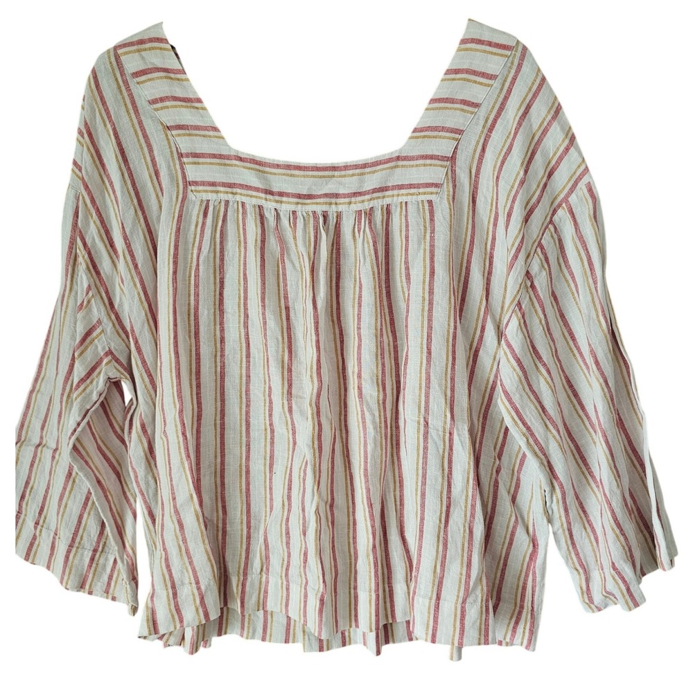 Rachel Zoe Womens XL Red Striped 100% Linen‎ Square Neck 3/4 Sleeve Blouse Top